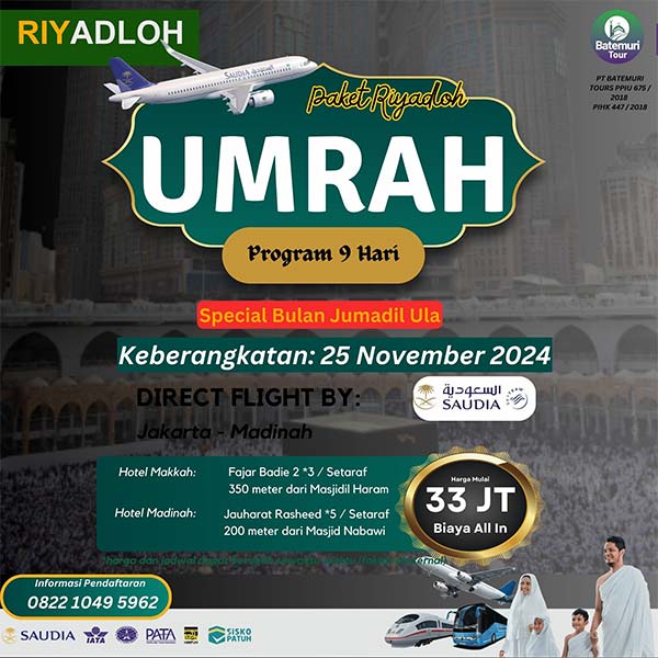 Umrah Jumadil Ula 1446 H, Paket 9 Hari, Batemuri Tour, Keberangkatan: 25 November 2024